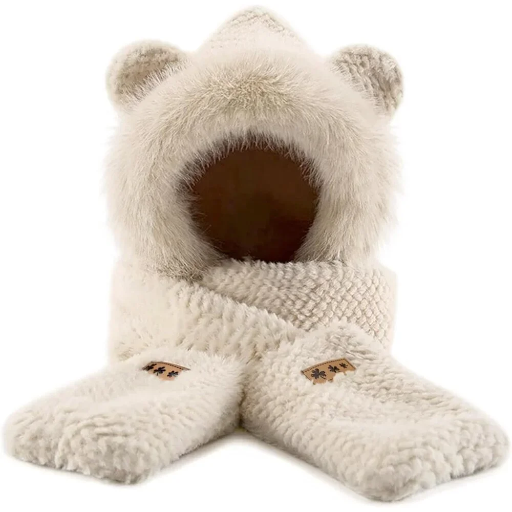 Women's Beige Hooded Scarf Cute Bear Ear Hat Faux Fur Gloves Set Soft